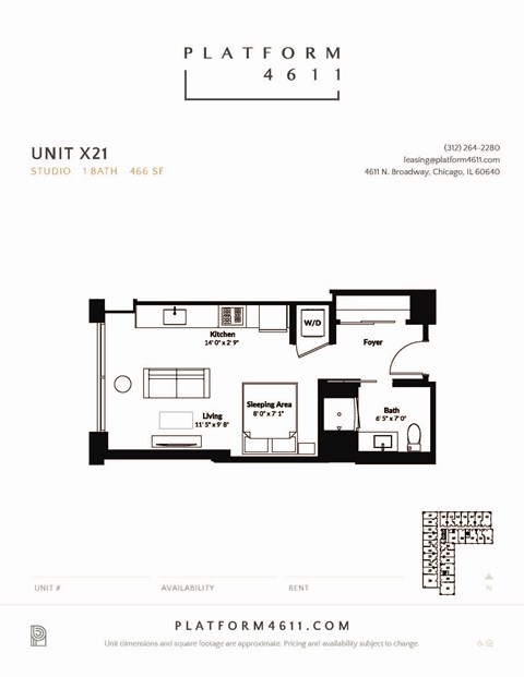 Floor plan for studio, 1 bath, 464 sqft